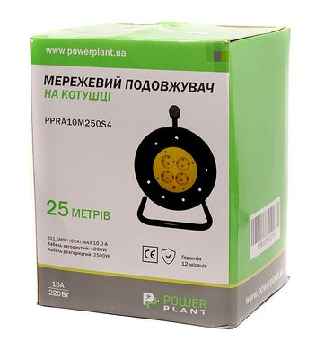 Купить Удлинитель на катушке PowerPlant 25 м, 3x1.5мм2, 10А, 4 розетки (JY-2002/25) (PPRA10M250S4) в Украине