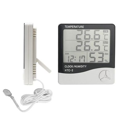 Купити Електронний цифровий термометр гігрометр з виносним датчиком і годинами Ketontek НТС-2 в Україні