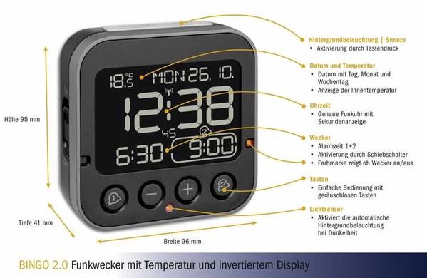 Купить Будильник с термометром TFA «BINGO 2.0» 60255201, инвертированный дисплей в Украине