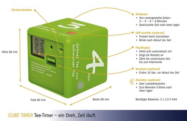 Купить Таймер-куб для заваривания чая цифровой TFA «CUBE-TIMER» 38203504, светло-зелёный, 3–4–5–6 минут в Украине