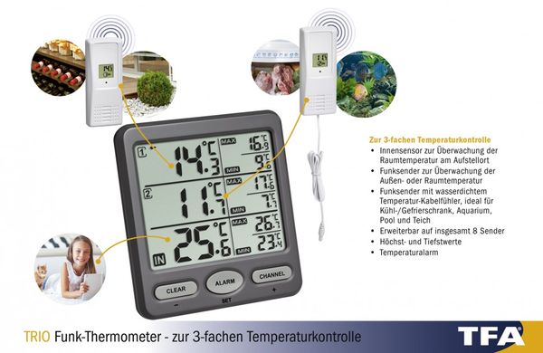 Купить Термометр цифровой с 2-я внешними радиодатчиками TFA «Trio» 30306210 в Украине