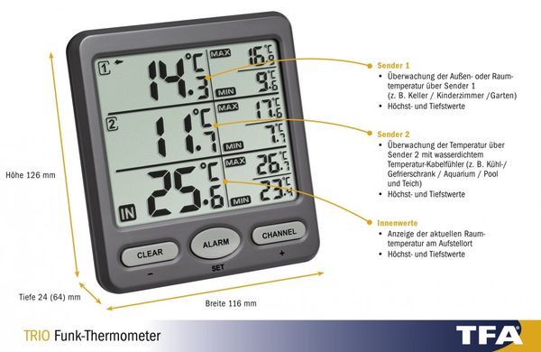 Купить Термометр цифровой с 2-я внешними радиодатчиками TFA «Trio» 30306210 в Украине