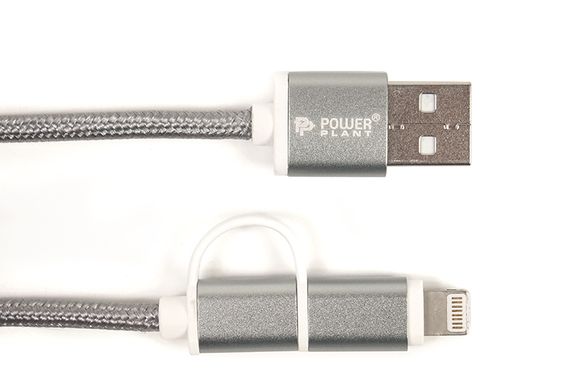 Купить Кабель PowerPlant Quick Charge 2A 2-в-1 cotton USB 2.0 AM - Lightning/Micro 2м grey (CA910496) в Украине