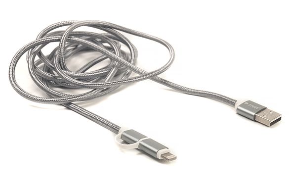 Купити Кабель PowerPlant Quick Charge 2A 2-в-1 cotton USB 2.0 AM - Lightning/Micro 2м grey (CA910496) в Україні