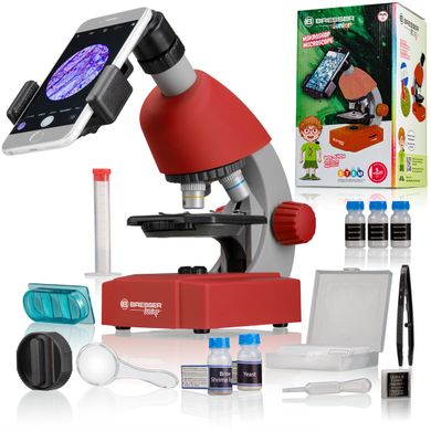 Купити Мікроскоп Bresser Junior 40x-640x Red з набором для дослідів та адаптером для смартфона (8851300E8G000) в Україні