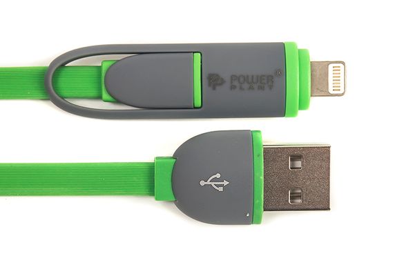 Купить Кабель PowerPlant Quick Charge 2A 2-в-1 flat USB 2.0 AM - Lightning/Micro 2м green (CA910502) в Украине