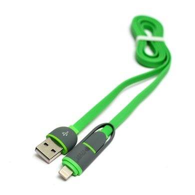 Купити Кабель PowerPlant Quick Charge 2A 2-в-1 flat USB 2.0 AM – Lightning/Micro 1м green (KD00AS1291) в Україні