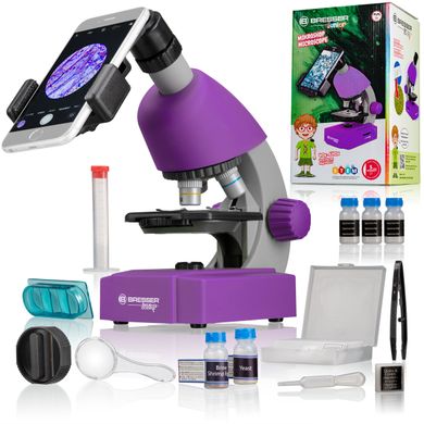 Купить Микроскоп Bresser Junior 40x-640x Purple с набором для опытов и адаптером для смартфона(8851300GSF000) в Украине
