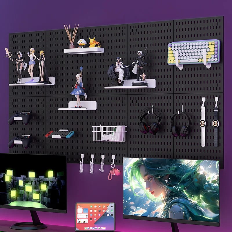 Adhesive Pegboard Shelf for Gaming – No-Drill Mount Holds Mouse/Keyboard/Headphone Hooks, Perfect Ro