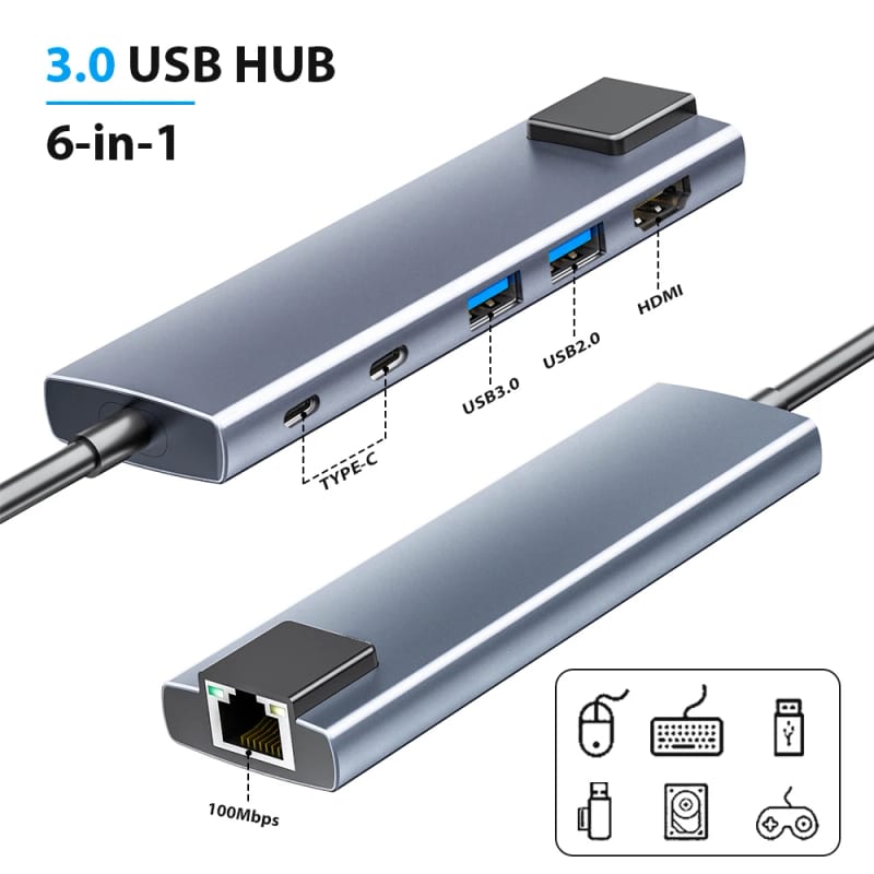 Hub USB Type C 6 in 1 Multi-Port Docking Station USB 3.0 4K@30Hz Supports 65W Reverse Charging Lapto