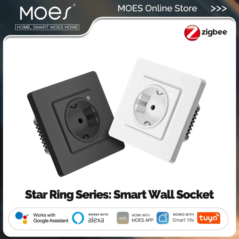 MOES Tuya ZigBee Smart Socket EU Wall-Mounted Outlet with Energy Monitor App & Voice Control Compati