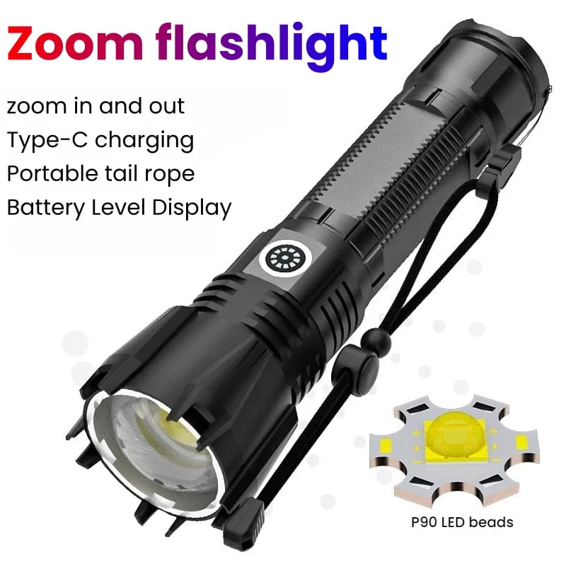 High-power P90 LED Flashlight TYPE-C Rechargeable Zoom Spotl — приклад для огляду, фото 3