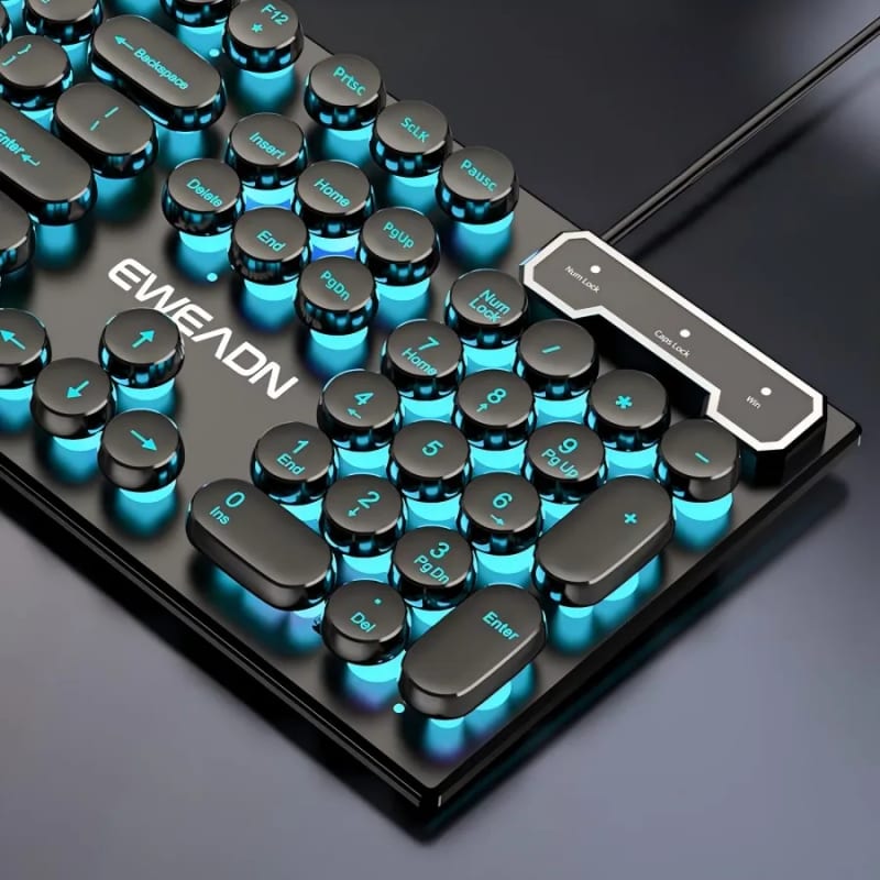 EWEADN Typewriter Gaming Keyboard, 104 Keys, Retro Punk Round Keycaps, Blue Backlight, USB Wired, fo