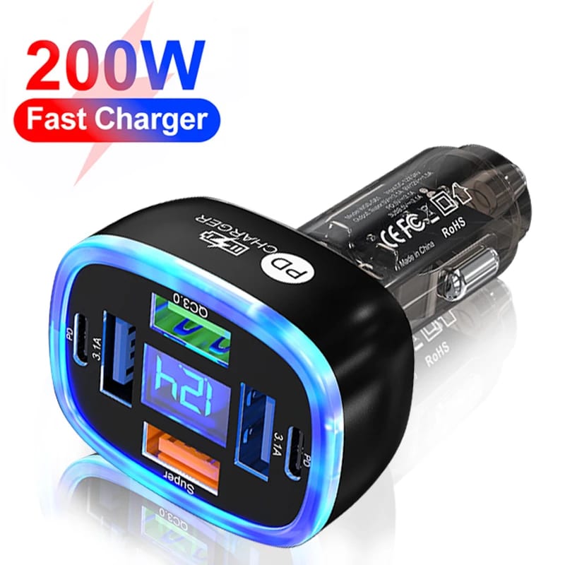 UYUXIO Multi Port USB C Car Charger with Voltage Display 6 in 1 Super Fast Charging Adapter for Huaw