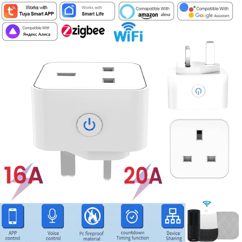 Tuya Smart Socket 16A/20A WiFi or Zigbee UK Plug 3pin Adapte — иллюстрация к статье