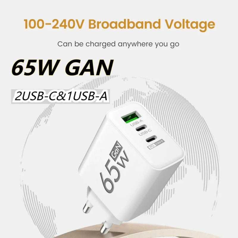 65W GaN PD USB Fast Charger QC3.0 Type-C Wall Charger 3 Por — приклад для огляду, фото 3