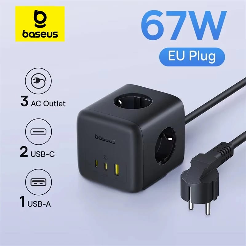 Baseus 67W GaN Fast Charger Power Strip 3AC 3680W Outlet USB — приклад для огляду, фото 3